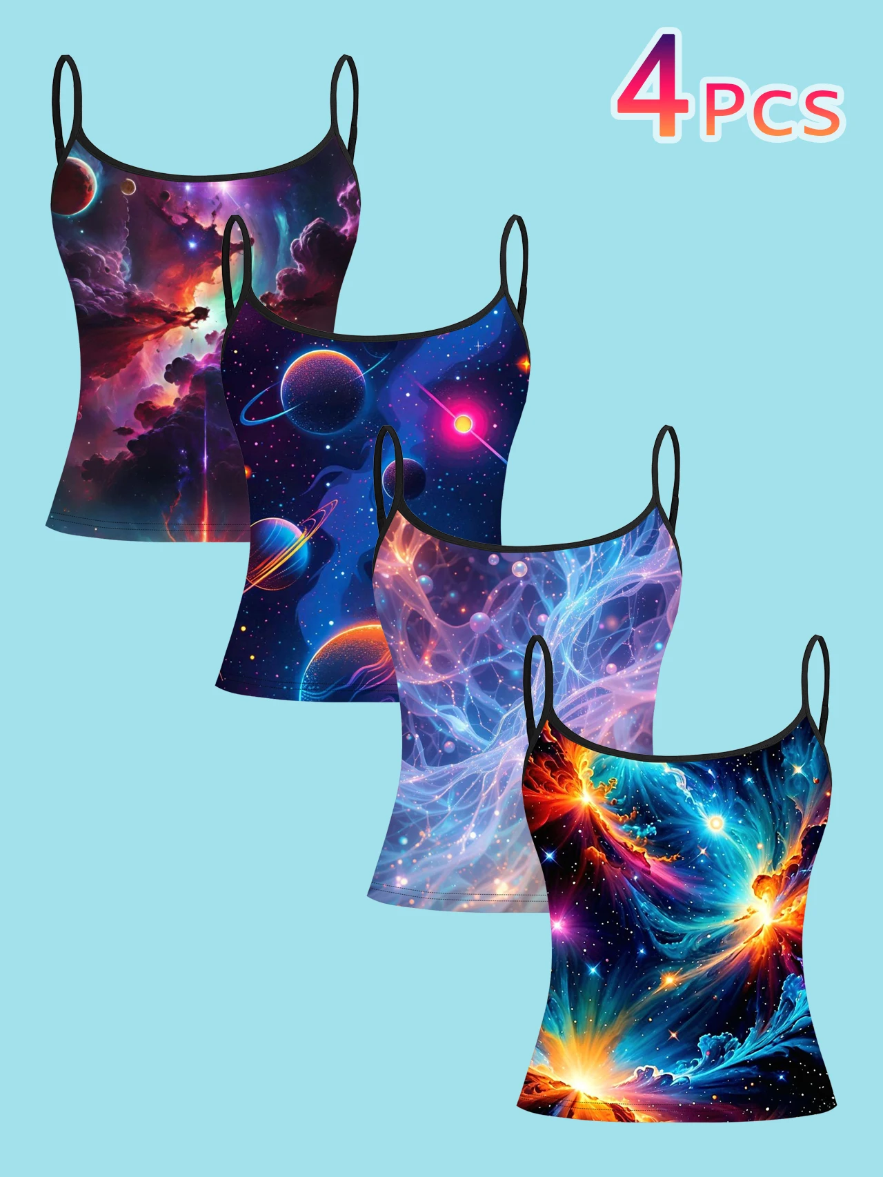 4-Piece Set of Universe Nebula Planet Print Camisoles, Gradient Planet Saturn Spaghetti Strap Sleeveless Tops