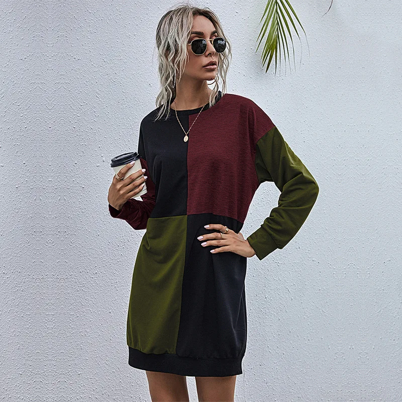 New Autumn Women's Fashion Casual Stitching Long Sleeve Sweater Dress Round Neck Slim Joker Mid-long Contrast Color One Skirt