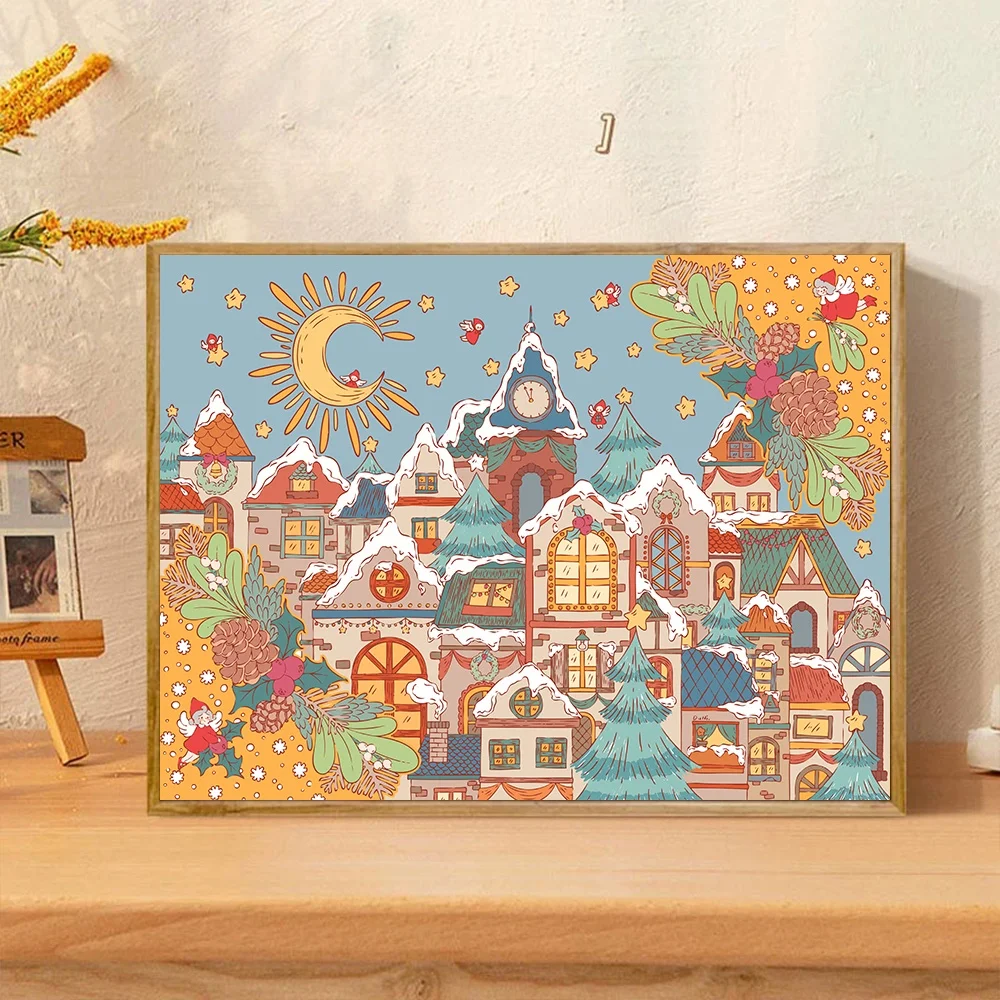 

Treasure Bay Digital Oil Painting Diy Christmas Town Cute Healing Coloring Multicolor Fill Digital Artwork Handmade Cartoon