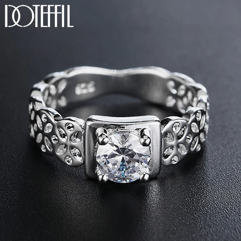 

DOTEFFIL 925 Sterling Silver AAA Zircon Hollow Patter Ring For Women Fashion Wedding Engagement Party Gift Charm Jewelry