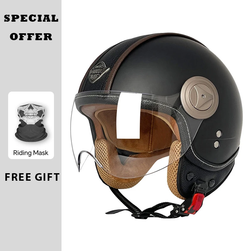 Open Face Motorcycle Helmets Leather Scooter Pedal 3/4 Open Half Helmet Motorbike Jet Helmet Vintage Three-quarters Helmets DOT