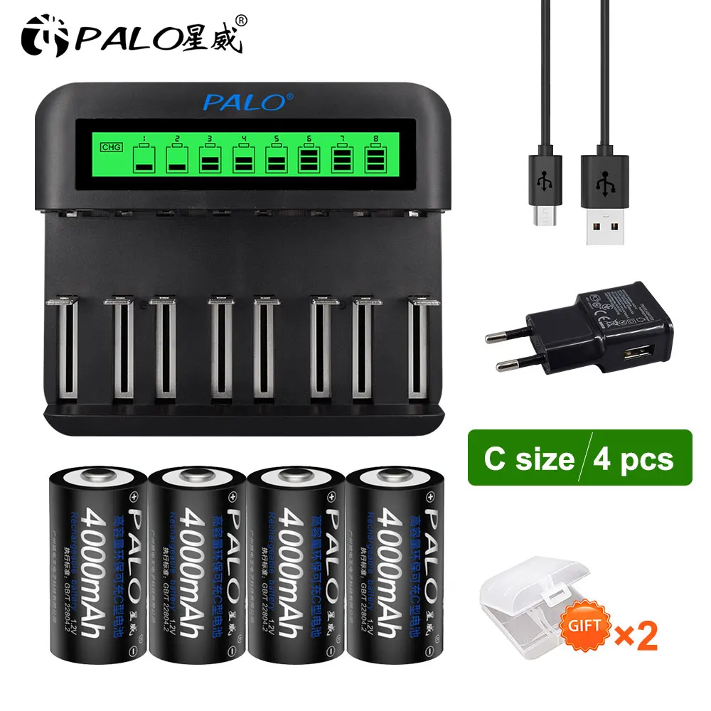 

PALO C Cell battery R14 C size rechargeable battery 1.2V 4000mAh NIMH + intelligent fast charging LCD charger for AA AAA C D 9V