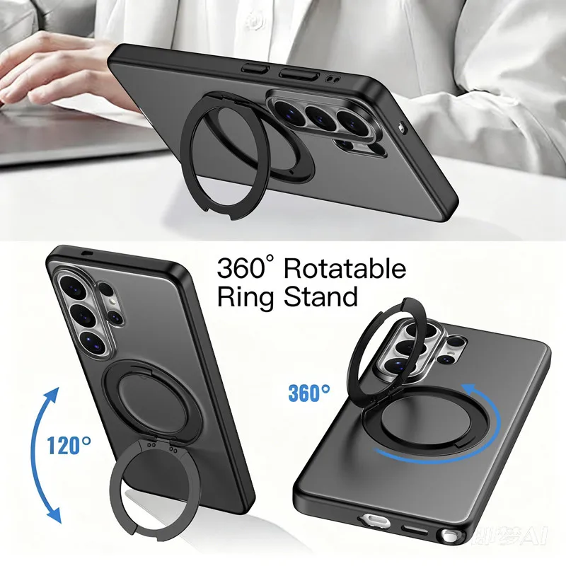 

For Samsung Galaxy S26 S25 S24 Ultra ,S26 Edge Magnetic Case ELVEV Matte Hard PC Rotating Stand Phone Cover