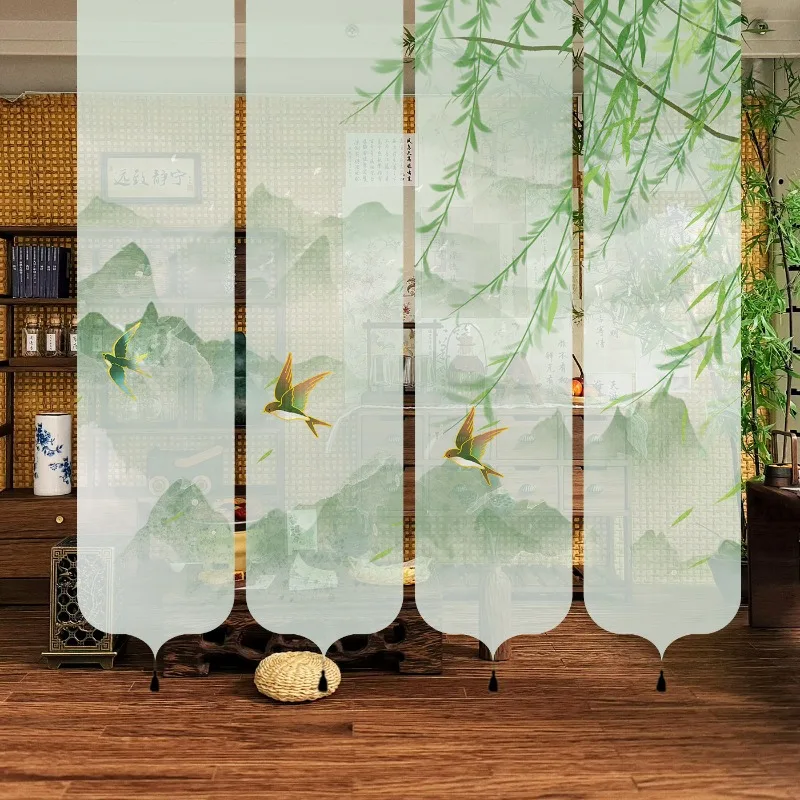 Dopamine Detox Window Divider – Semi Transparent Gauze, Green Lotus Print for Zen Meditation, Mindfulness & Spiritual Wellness