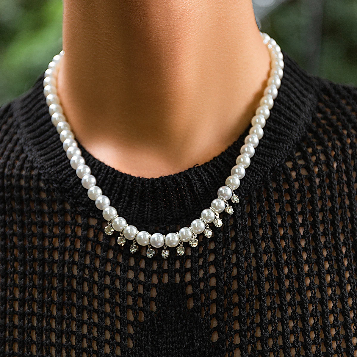 Imitation Pearl Beads with Shiny Rhinestones Choker Necklace for Men Trendy White Beaded Chains Collar 2023 Fashion Neck Jewelry