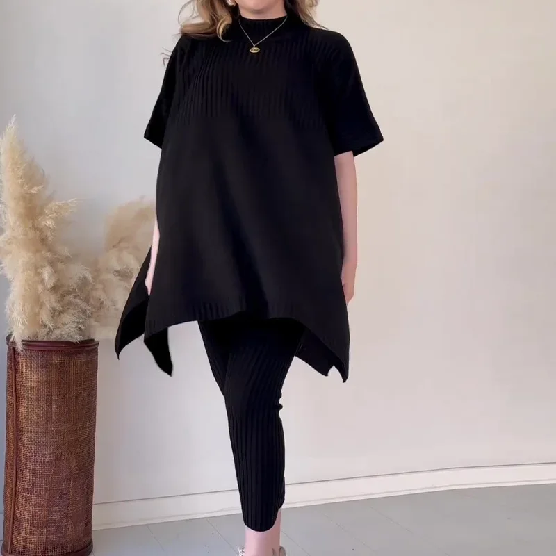 Women Two Piece Pant Sets Knitted Batwing Sweaters Short Sleeve Y2k Tops Casual High Waist Pants Autumn Winter Matching Sets