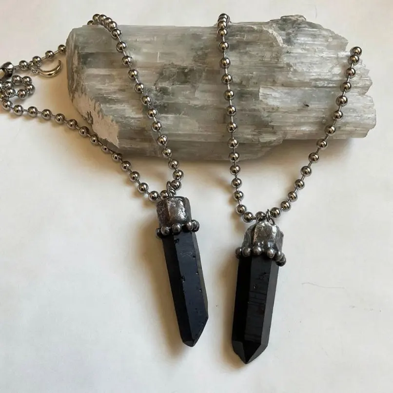 Smoky Morion Crystal Free Form Necklace Handmade Vintage Soldered Antique Silver Plated 16inch Jewelry For Women