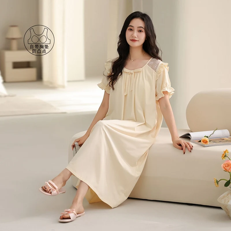 

2026 Summer Short Sleeve Cute Lace Modal Cotton Nightgowns for Women Korean Loose Sleepwear Night Dress Nightdress Home Nighty