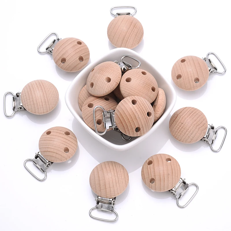 10Pcs/Lot 30mm Wooden Pacifier Clip Beech Pacifier Clips Chewable Teething Diy Dummy Clip Chain Baby Teether Nursing Accessories