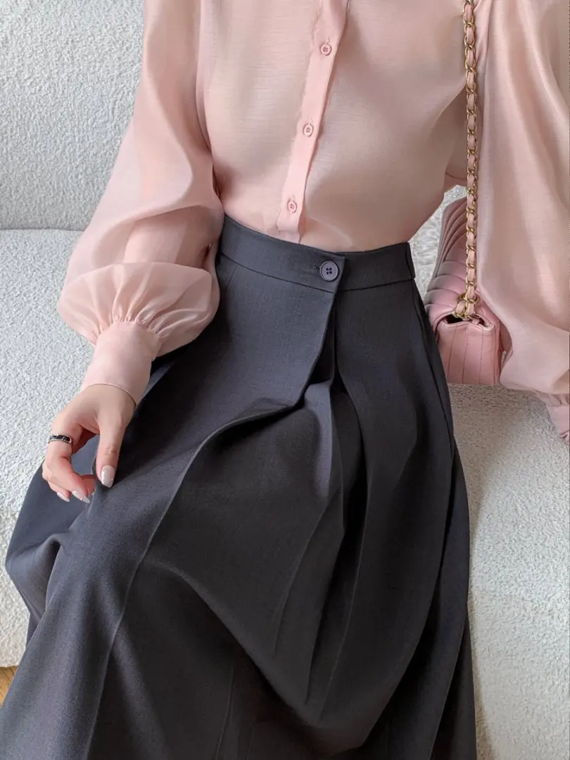 Elastic Waist Gray Office OL Midi Pleated Skirts Woman Spring Autumn Elegant Casual Suits A-Line Skirt Lady