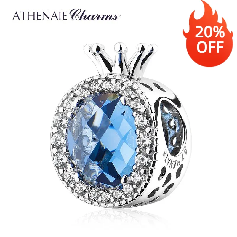 ATHENAIE 925 Sterling Silver Blue and Clear CZ Sparkling Blue Crown Heart Charms Beads fit Bracelet Necklace for Women Jewelry