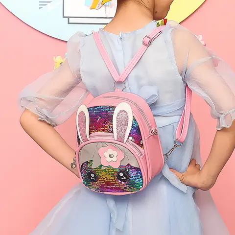 Mochila de coelho de lantejoulas para meninas crianças pré-escolar elementar bookbag para crianças elementares sacos com orelhas de coelho material escolar