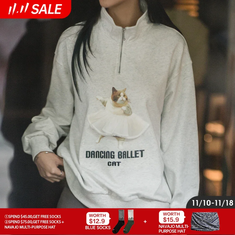 Maden Dancing Ballet Cat Printed Pullover Sweatshirts for Women Spring and Autumn Long Sleeve Pullover Light Gray Sweatshirt