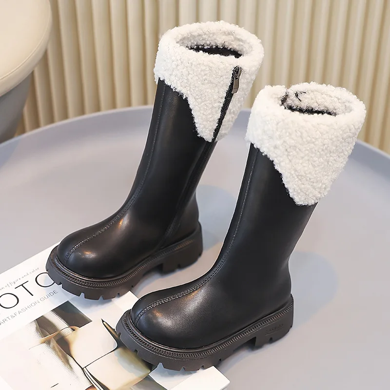 Girls Side Zipper Waterproof Riding Boots 2026 Fall Winter New Faux Fur Lined Princess Boots for Kids Non-Slip Warm Long Boots