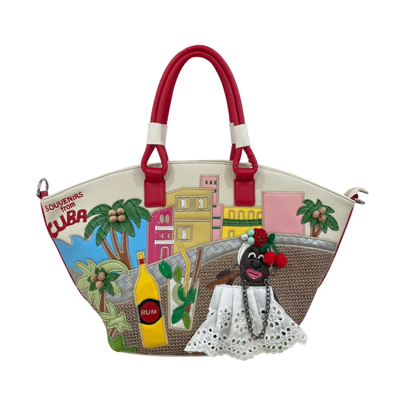New Fashion Handbag Large Capacity Shoulder Bag Creative Splicing Embroidered Basket Bag Holiday Bag view 5
