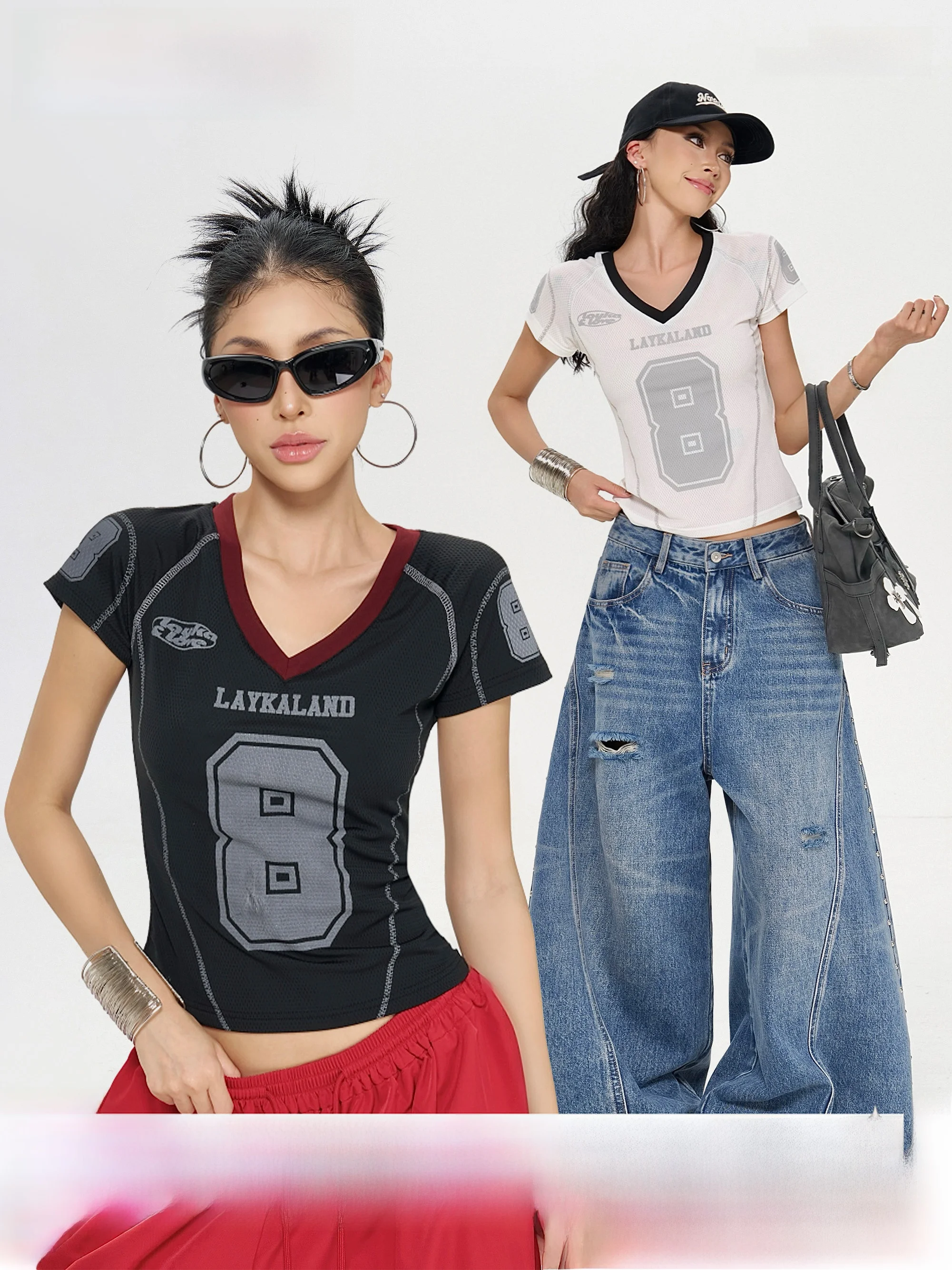 

Женская футболка Wild American Sle с V-образным вырезом и коротким рукавом, облегающая, черно-белая, с принтом, в уличном стиле, летний топ