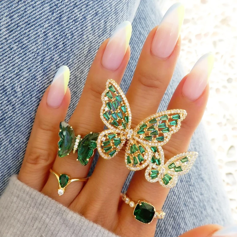 

Sexy Big Green Inlaid Zircon Butterfly Rings Korean Fashion Jewelry Party Gothic Girl's Exaggerated Accessories For Woman 2022