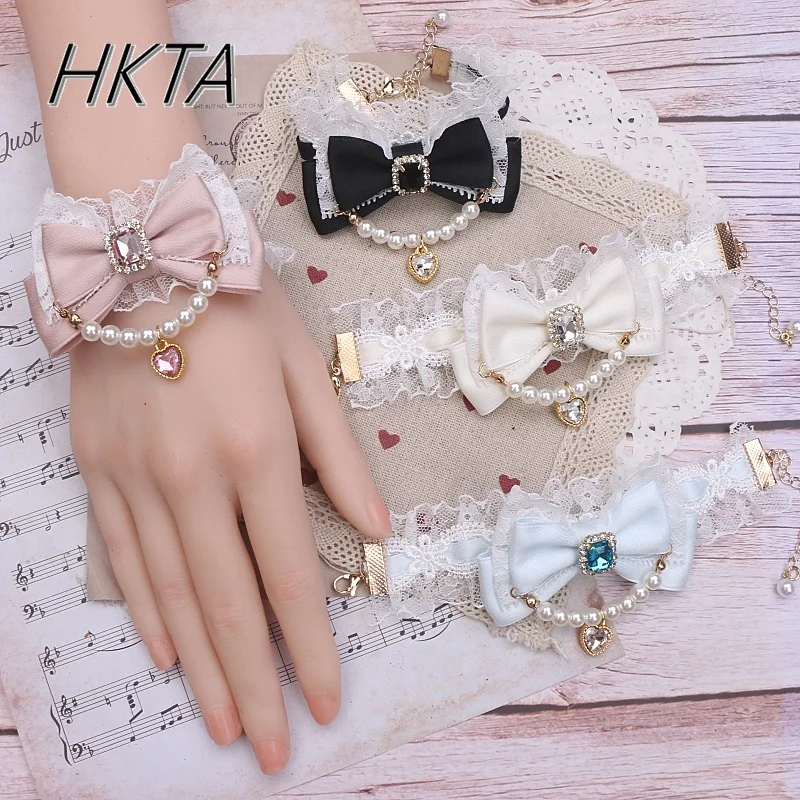 Handmade Japanese Bracelet Sweet Mine Series Lace Bead Rhienstone Bow Collar Choker Lolita Women Girls Pearl Wristband Bracelets