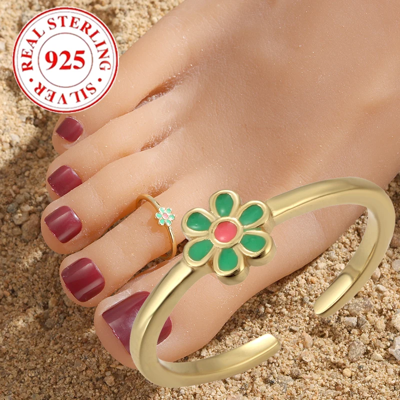 

S925 Sterling Silver Green Flower Drip Women's Open Toe Ring Summer Beach Toe Ring Hypoallergenic Suitable for Vacation