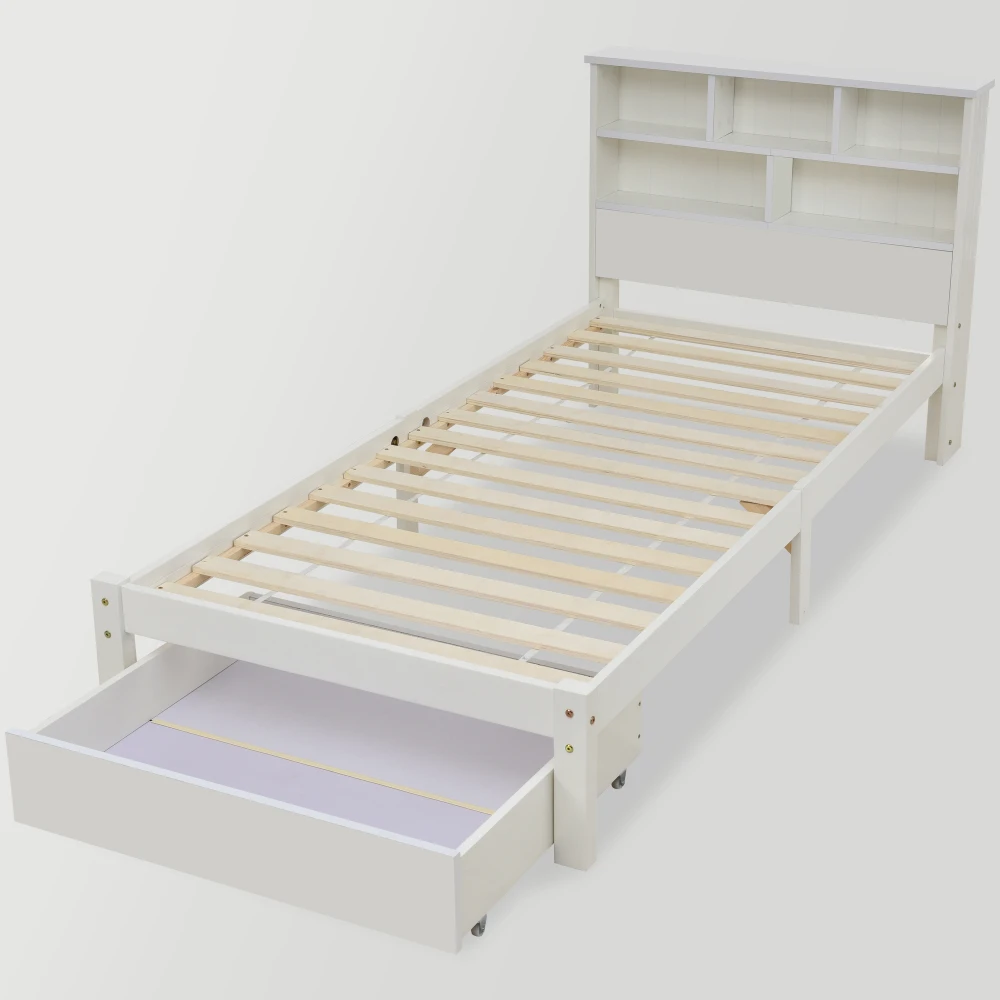 PINGGO Einzelbett aus Massivholz, 90 x 200 cm, weiß, mit Schubladen, Gitter-Bücherregal für Kinder, Jugendliche, Erwachsene, ohne Matratze – Detail 6