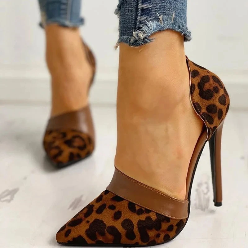 

Sexy Leopard Print High Heels Shoes Women Pumps Pointed Toe Slip On Slides Lady Shoes