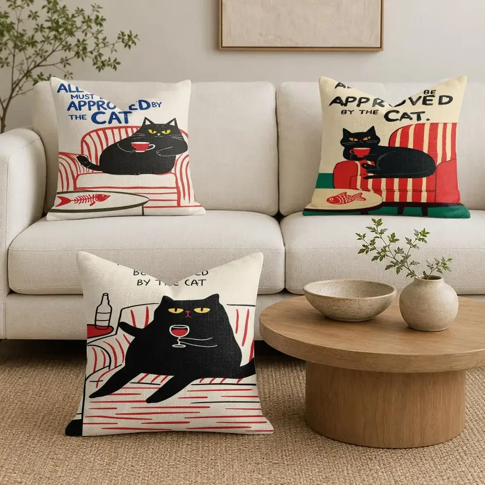Cat Guest Approval Cushion Cover Natural Linen Organic Fabric Double-Sided Printing Sofa Home Decor Gift Pillow Cover