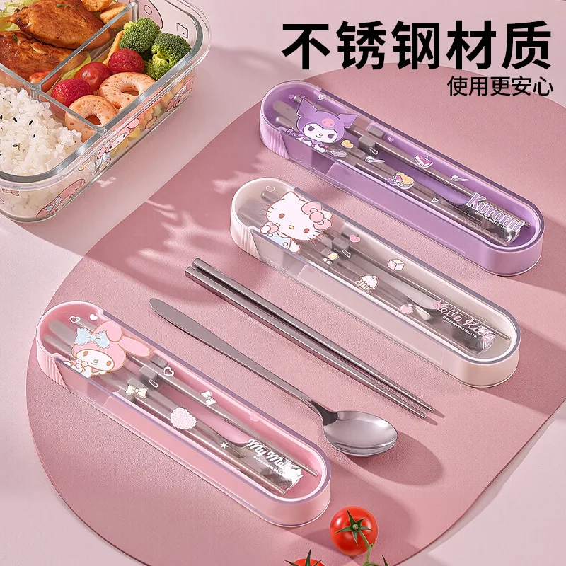 

Kawaii Sanrio Kuromi Stainless Steel Portable Chopsticks Spoon Set for Students' Storage Box and Tableware Box Girl's Gifts Toys