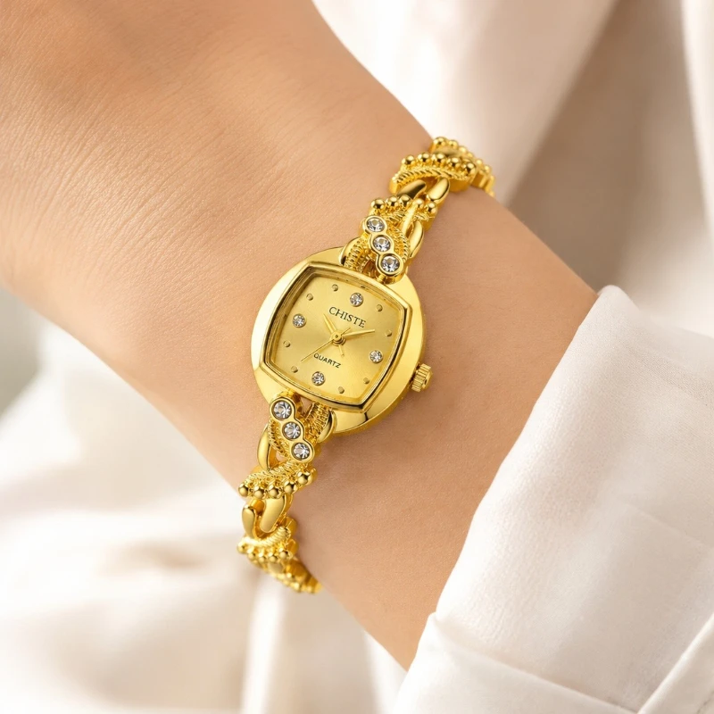 Luxury Golden Women Quartz Watch Fashion Rhinestone Dial Unique Twisted Link Bracelet Watch Elegant Thin Ladies Wrist Clock Gift