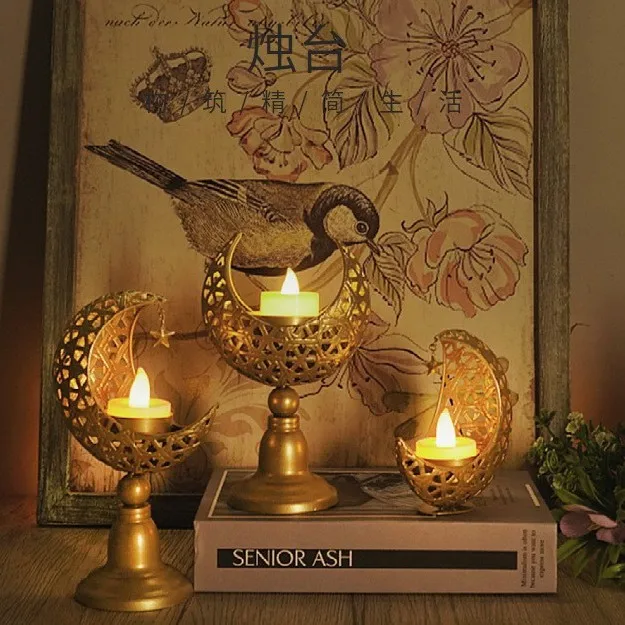 Golden Moon Shape Candle Holder Metal Candlestick Holder Ramadan Decorations Eid Mubarak Table Decor for Birthday Wedding Church