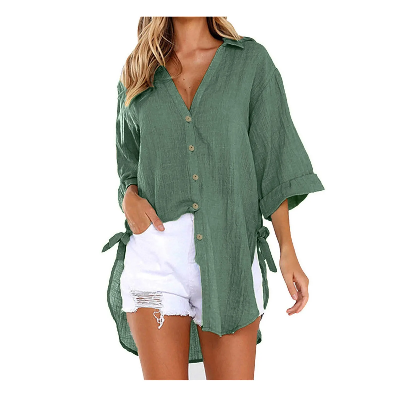 Large Sized Casual Solid Color Minimalist Cardigan For Women Lace-up Button Lapel Shirt Loose Side Knotted Long Sleeve Shirt