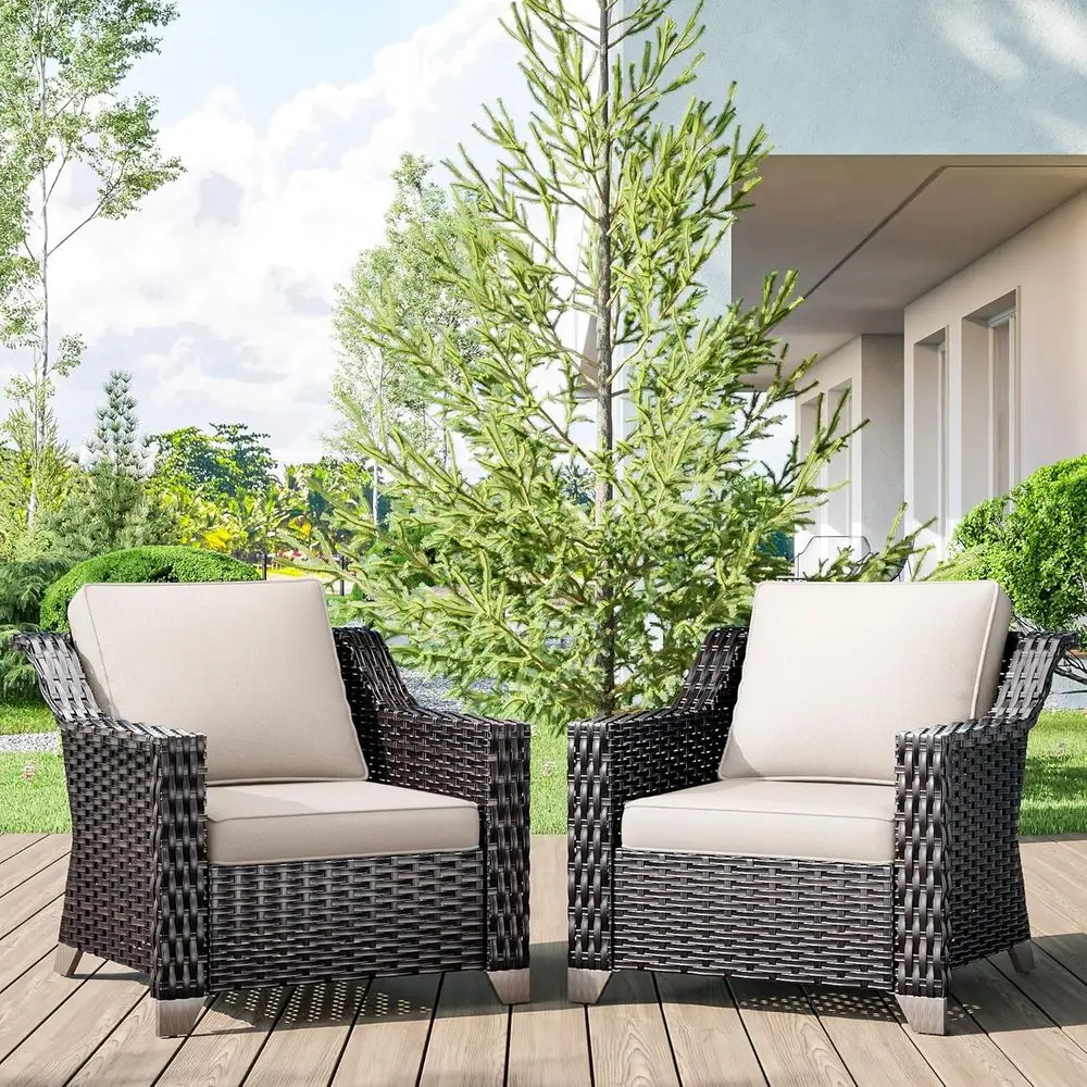 

Luxury Wicker 2-Piece Patio Furniture Set with Wide Armrests and Thick Cushions for Outdoor Deck or Porch
