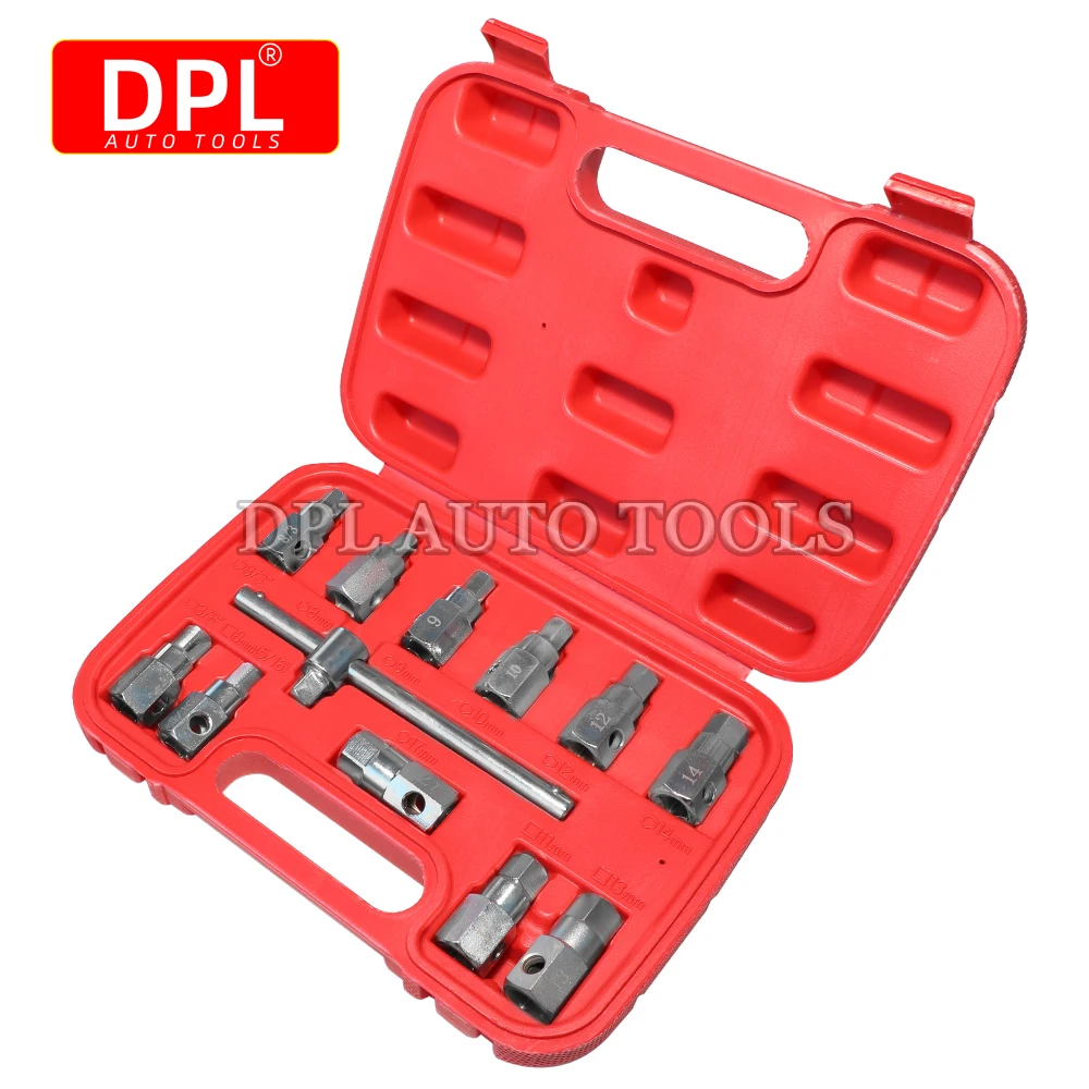 12PCS Oil Drain Plug Removal Tool Key Set Square Hexagon Socket Kit Nut Adaptor Car Oil Bottom Removal Tools Screw Sleeve Wrench