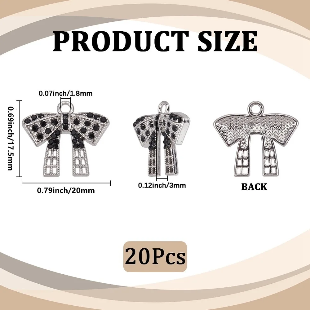 

20Pcs Rack Plating Alloy with Rhinestone Pendants Bowknot Jet 17.5x20x3mm Hole: 1.8mm