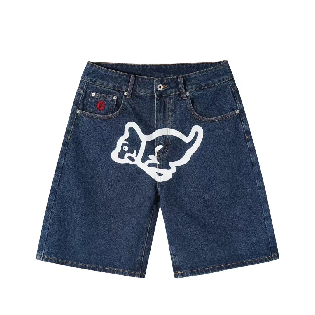 

2022 New Summer Denim Shorts For Men Icecream Running Dog Trendy Brand Half Cut Emboridery Logo Unique Punk Mid Waist Jeans
