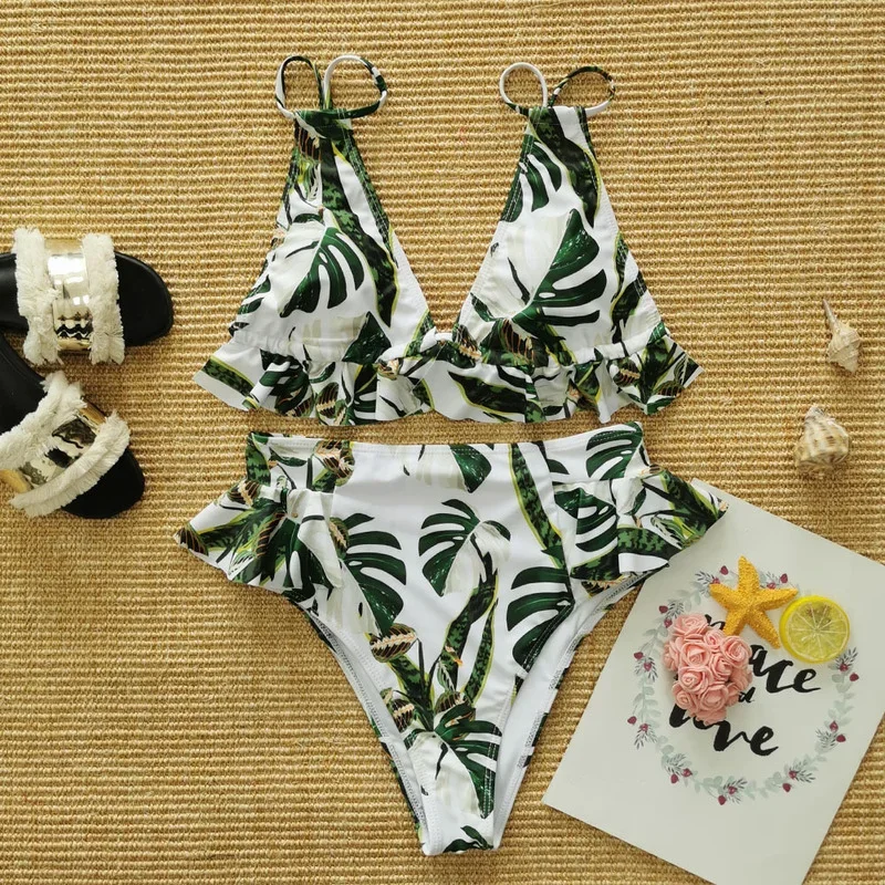 Conjunto de Bikini Floral Estilo Vintage para mujer, traje de baño Sexy de cintura alta con cuello Halter, de talla grande, con realce en la cadera, 2024