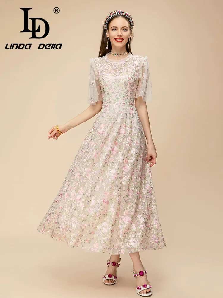 LD LINDA DELLA 2023 New Style Elegant Party Fashion Dress Women's Round Neck High Waist Extravagant Embroidery Splice  Dress