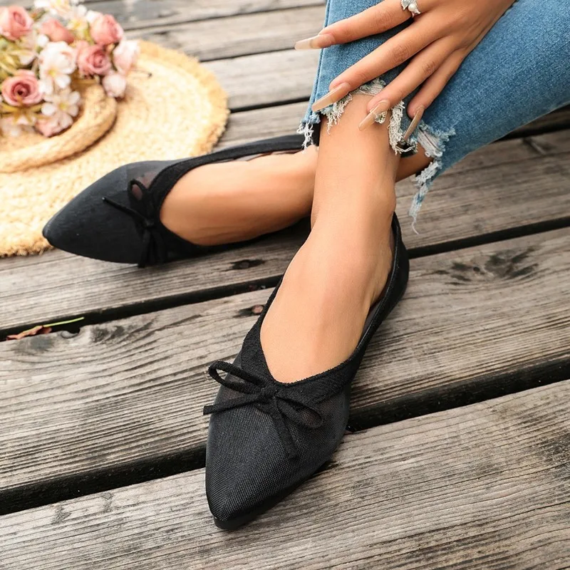 Plus Size Mary Jane Single Shoes Women Spring/Summer 2026 New Fashion Bow Mesh Shallow Flats