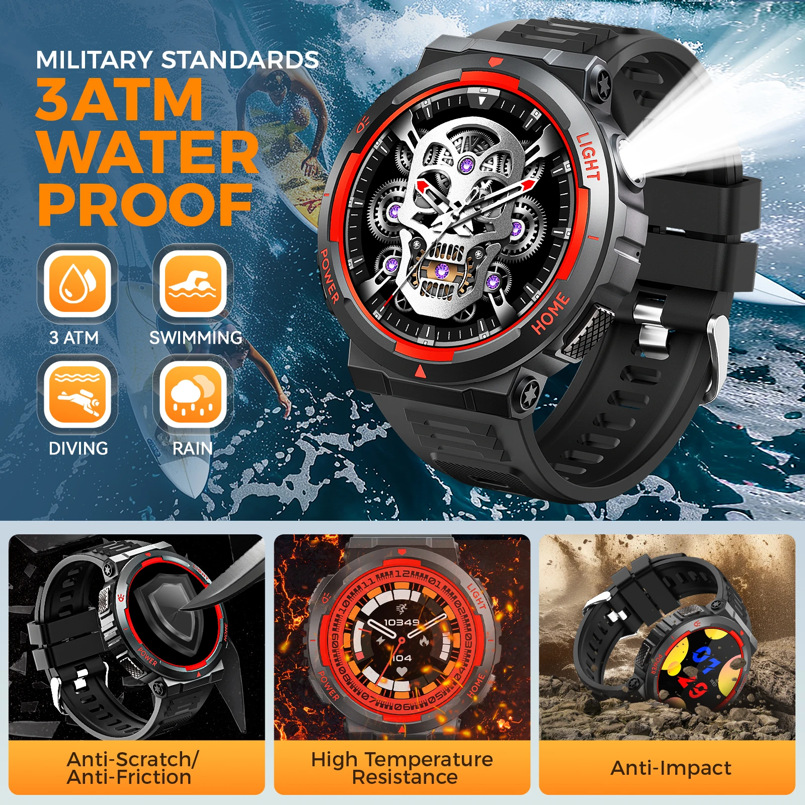 JELLOO 2025 ساعة ذكية للرجال مع مصباح ليد جيب 400 مللي أمبير بطارية كبيرة في الهواء الطلق التكتيكية ساعة ذكية معدل ضربات القلب النوم مراقب