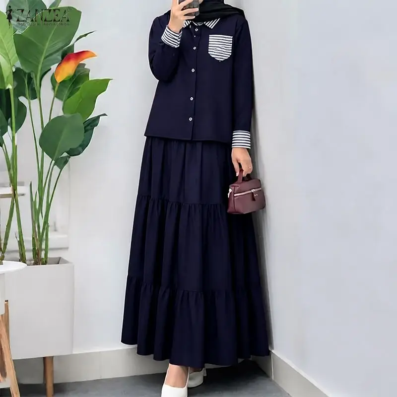 ZANZEA Muslim Fashion Women's 2-Piece Sets Striped Patchwork Shirts & Tiered Maxi Skirts Matching Sets Islamic Hijabi Outfits