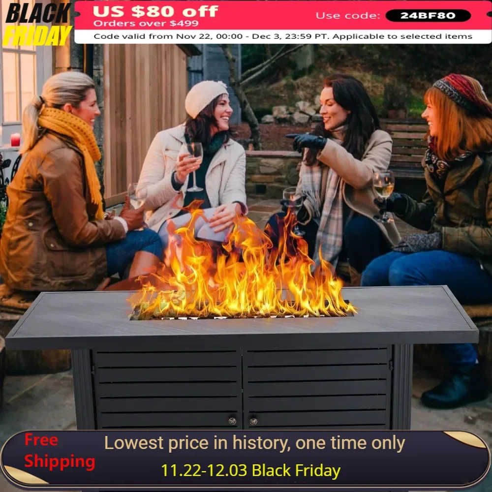 

57" Propane Fire Pit Table，50000BTU Outdoor Gas Fire Pits with Rain Cover, Sturdy Steel & Iron Fence Surface, Fire Pit Table