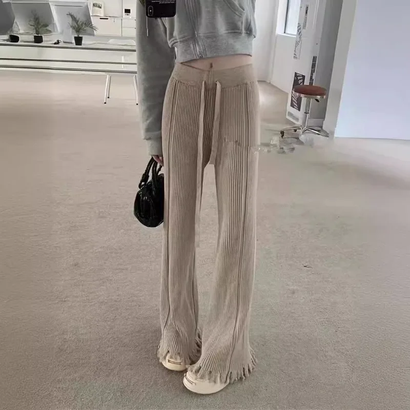 

2024 Winter New Women's Tassel Hem Knit Pants - High-Waist Draping Drawstring Floor-Sweeping Leisure Long Pants