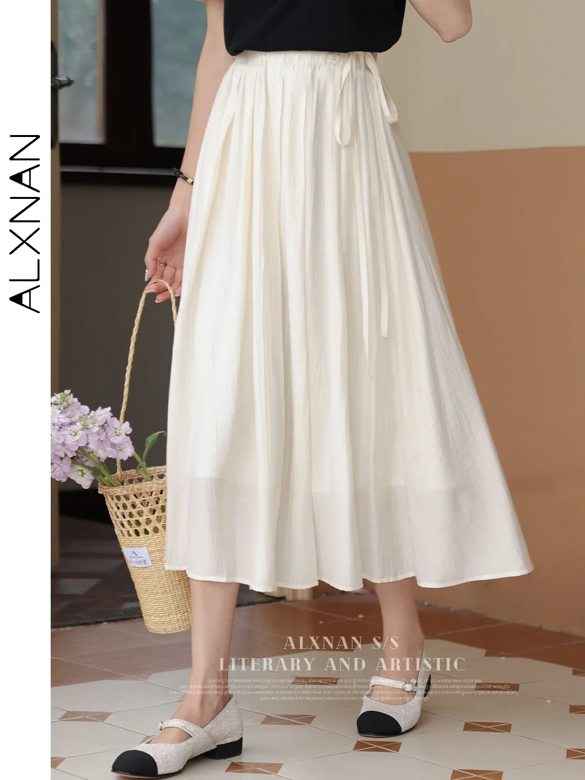 ALXNAN Women's Pleated Skirt 2024 Summer New A-line High Waist Midi Lace-up Versatile Casual for Woman Sold Separately LXN30565