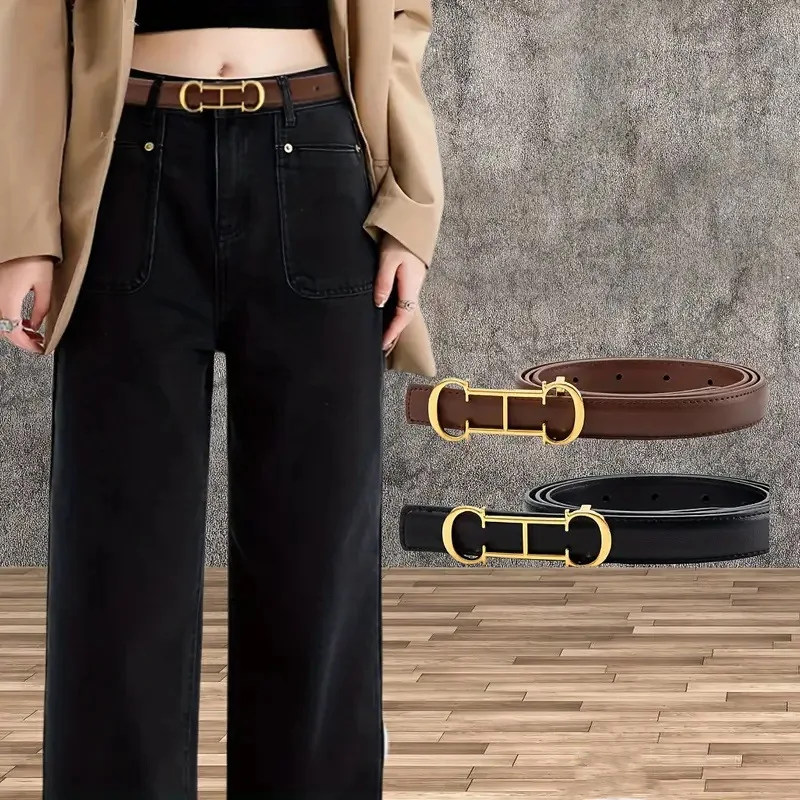 Chic Women Thin Waist Belt Classic Gold Hollow Hardware Buckle Waistband Daily Decor Strap For Jeans Skirt Office Casual Street