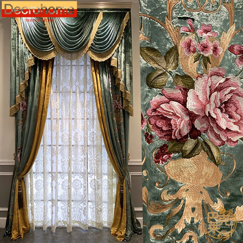 Blue Green Velvet Peony Embroidery Window Screen Splicing Blackout Curtains for Living Room Bedroom Villa Customization Valance