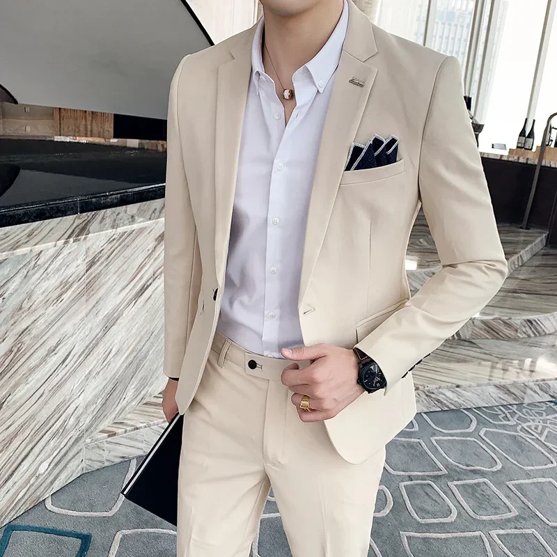 ( Blazer + Pants ) High-end Brand Formal Business Plaid Mens Suit Groom Wedding Dress Solid Color Stage Performance Tuxedo S-7XL