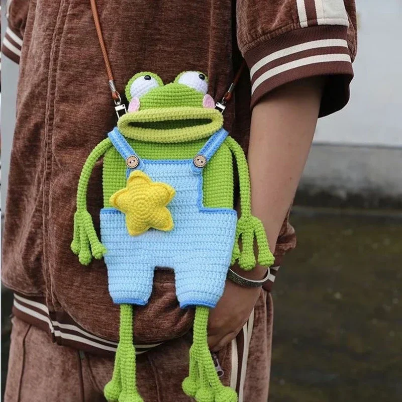 【DIY Materials Package】Knitted Crochet Kit With Video Big Mouth Frog Mobile Phone Bag Sausage Mouth Handmade Woven