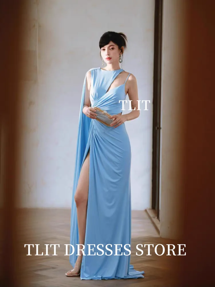 TLIT elegante hemelsblauwe elastische satijnen avondjurken Korea fotoshoot op maat gemaakte O-hals hoge zijsplit lange sjaal galajurken