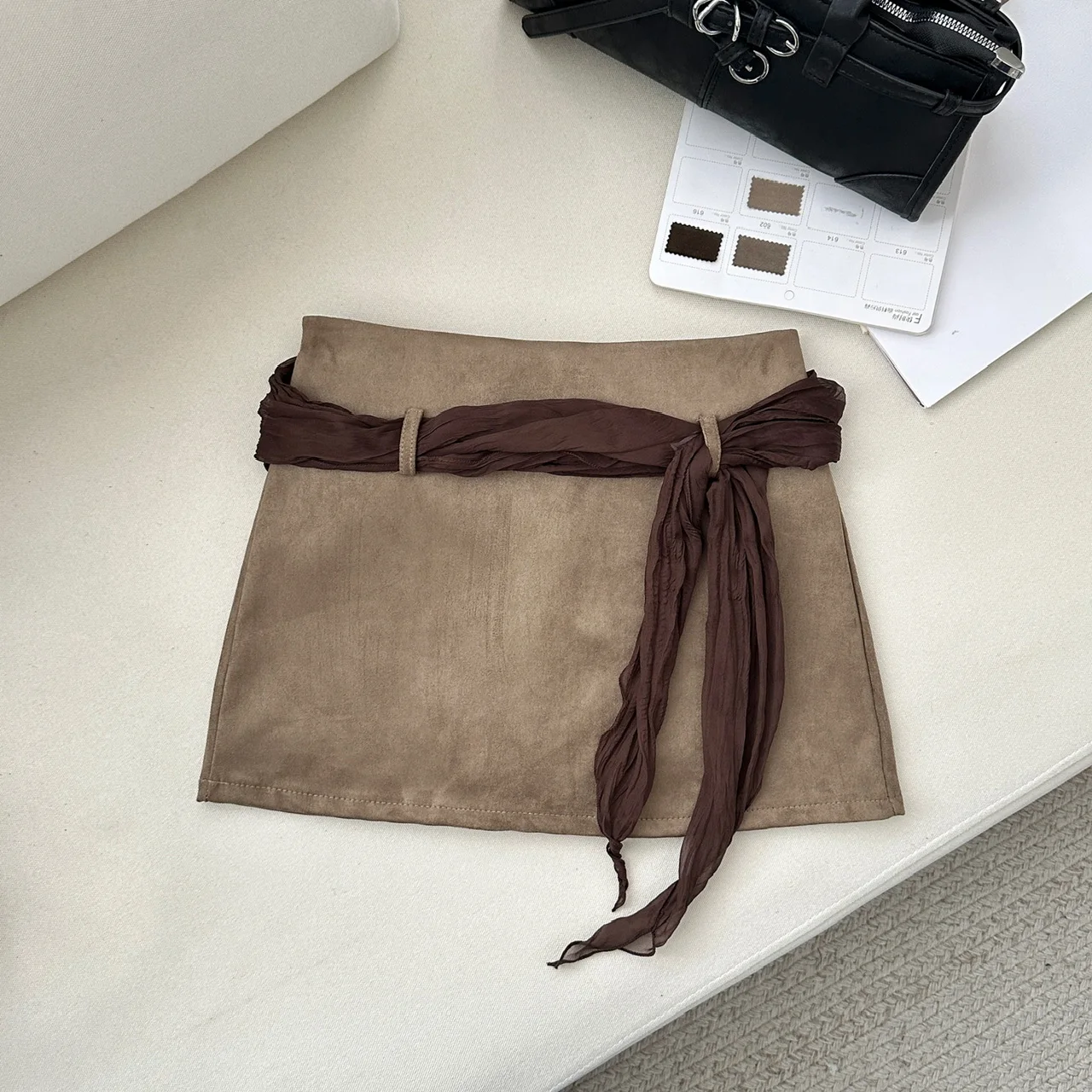 Korean High Quality Faux Suede A-Line Bodycon Mini Skirt for Women Fall Petite Sexy Skirts with Silk Scarf Ribbon
