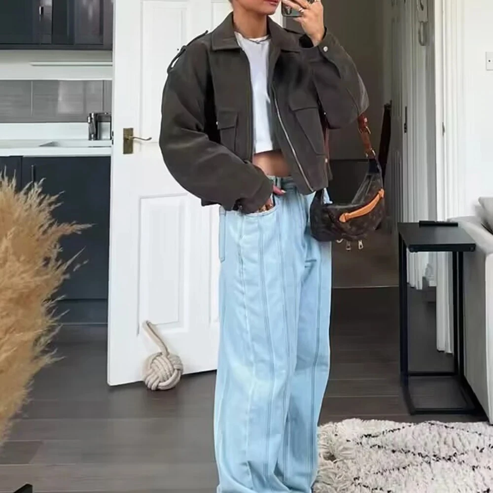 

KONDALA Vintage Suede Fabric Woman Jackets Zipper Chic Button Streetwear Fashion 2025 Autumn Mujer Pockets Loose Outwear