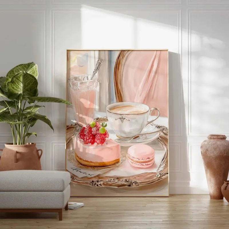 Unframe Cafe Art Print, French Patisserie Poster, Tea Time Painting, Macaron & Cake Wall Decor, Pastel Pink Foodie Artwork, Gall